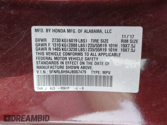 2018 Honda Odyssey Elite with VIN 5FNRL6H94JB067479, listed as a IAAI auction lot 42100911 with 160,174 mi miles and . Bid and sale history available at DreamBid. Image 9.