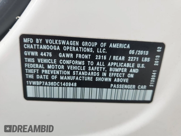 2013 Volkswagen Passat SE z VIN 1VWBP7A36DC140948, wystawiony jako Copart lot #59081705 z przebiegiem 139 320 mil mil oraz Szkoda całkowita • Salvage title. Historia ofert i sprzedaży dostępna na DreamBid. Obrazek 14.