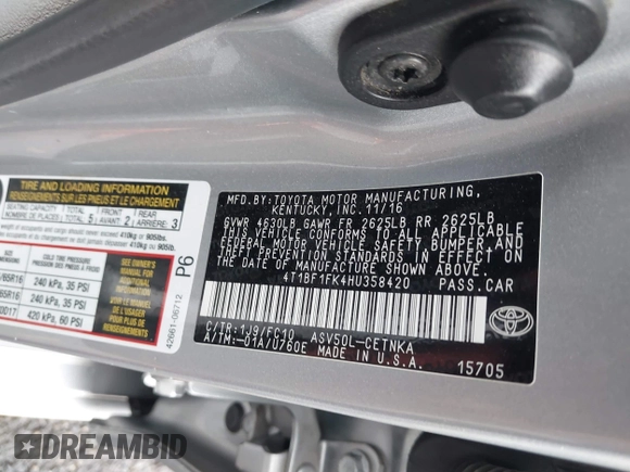 2017 Toyota Camry XLE with VIN 4T1BF1FK4HU358420, listed as a IAAI auction lot 41799039 with 112,851 mi miles. Bid and sale history available at carsss.com. Image 9.