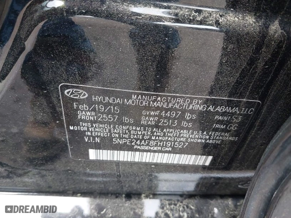 2015 Hyundai Sonata 2.4L SE with VIN 5NPE24AF8FH191527, listed as a IAAI auction lot 42026536 with 259,916 mi miles. Bid and sale history available at carsss.com. Image 9.