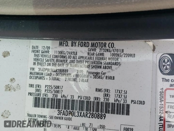 2010 Ford Fusion Hybrid with VIN 3FADP0L3XAR280889, listed as a Copart auction lot 54576705 with 95,203 mi miles and Salvage Title. Bid and sale history available at carsss.com. Image 12.