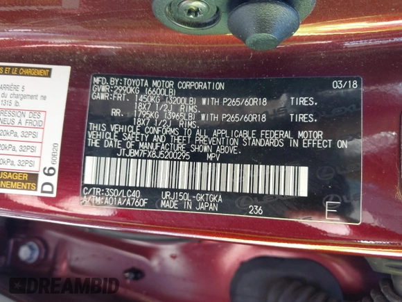 2018 Lexus GX 460 z VIN JTJBM7FX8J5200295, wystawiony jako IAAI lot #41637420 z przebiegiem 52 444 mil mil oraz . Historia ofert i sprzedaży dostępna na DreamBid. Obrazek 9.