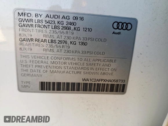 2017 Audi Q5 Premium with VIN WA1C2AFPXHA058733, listed as a Copart auction lot 61955185 with 60,052 mi miles and Salvage title. Bid and sale history available at DreamBid. Image 13.