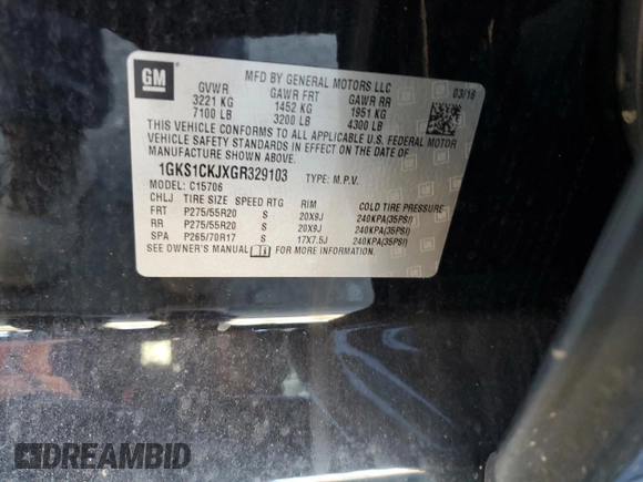 2016 GMC Yukon Denali with VIN 1GKS1CKJXGR329103, listed as a Copart auction lot 75492494 with 124,374 mi miles and Salvage Title. Bid and sale history available at carsss.com. Image 16.