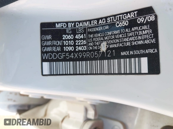 2009 Mercedes-Benz C 300 Sport with VIN WDDGF54X99R057121, listed as a IAAI auction lot 42007456 with 122,687 mi miles and . Bid and sale history available at DreamBid. Image 9.
