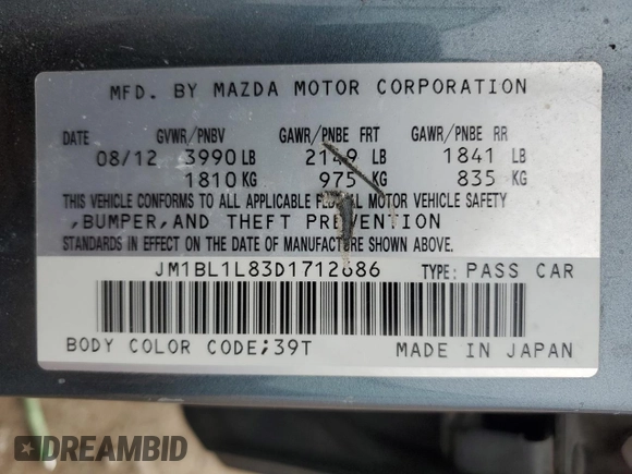 2013 Mazda 3 i Touring with VIN JM1BL1L83D1712686, listed as a Copart auction lot 46479425 with 188,740 mi miles and Salvage title. Bid and sale history available at DreamBid. Image 15.
