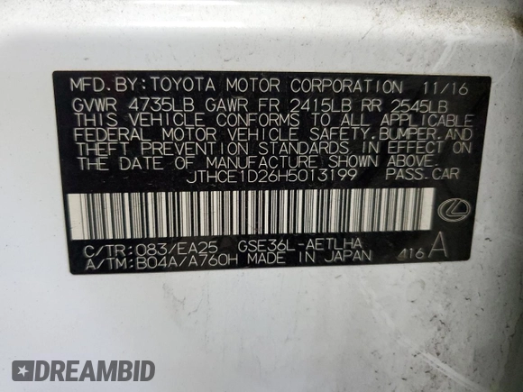 2017 Lexus IS 350 с VIN JTHCE1D26H5013199, выставлен на аукционе Copart как лот 56954735 с пробегом Не указан миль и Списание • Salvage title. История ставок и продаж доступна на DreamBid. Изображение 12.