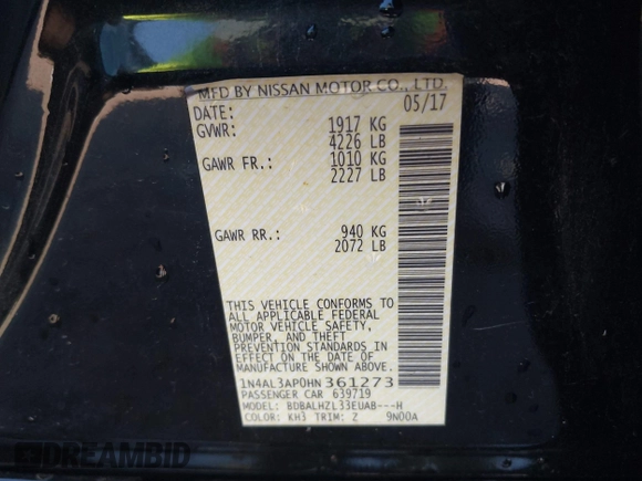 2017 Nissan Altima SR with VIN 1N4AL3AP0HN361273, listed as a IAAI auction lot 41583479 with 71,846 mi miles and . Bid and sale history available at carsss.com. Image 9.