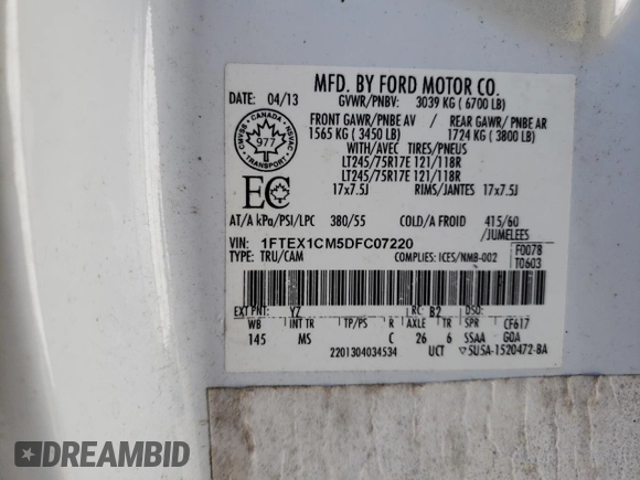 2013 Ford F-150 XL with VIN 1FTEX1CM5DFC07220, listed as a Copart auction lot 50754915 with 224,202 mi miles and Clean Title. Bid and sale history available at carsss.com. Image 12.