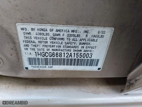 2002 Honda Accord Sdn SE with VIN 1HGCG66812A155003, listed as a IAAI auction lot 41934724 with 192,129 mi miles. Bid and sale history available at carsss.com. Image 9.