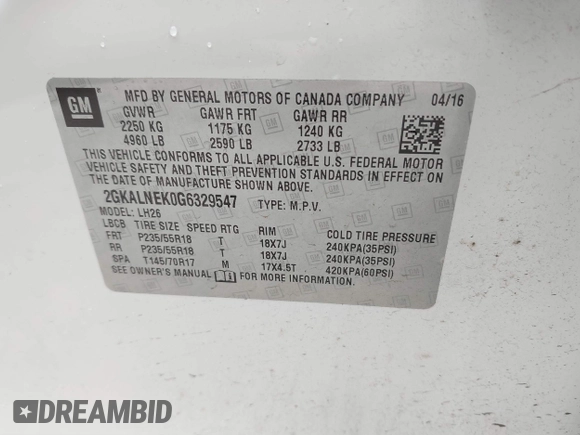 2016 GMC Terrain SLE with VIN 2GKALNEK0G6329547, listed as a IAAI auction lot 41724262 with 67,288 mi miles. Bid and sale history available at carsss.com. Image 9.