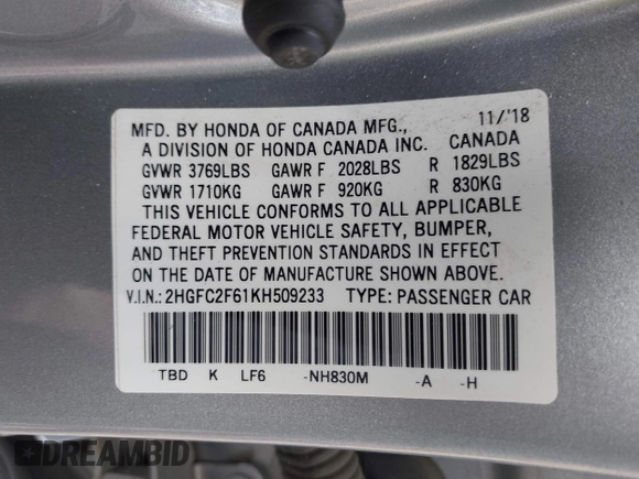 2019 Honda Civic LX with VIN 2HGFC2F61KH509233, listed as a IAAI auction lot 42048400 with 37,368 mi miles and . Bid and sale history available at DreamBid. Image 9.
