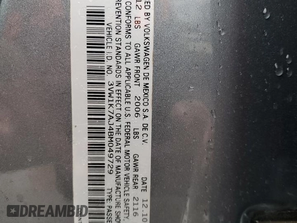 2011 Volkswagen Jetta Sedan S with VIN 3VW1K7AJ4BM049729, listed as a Copart auction lot 51979525 with 147,384 mi miles and Salvage Title. Bid and sale history available at carsss.com. Image 12.