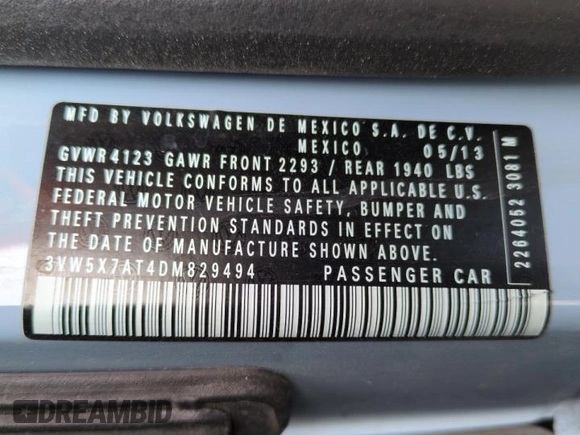2013 Volkswagen Beetle 2.5L with VIN 3VW5X7AT4DM829494, listed as a Copart auction lot 47654065 with 34,987 mi miles and Salvage title. Bid and sale history available at DreamBid. Image 12.