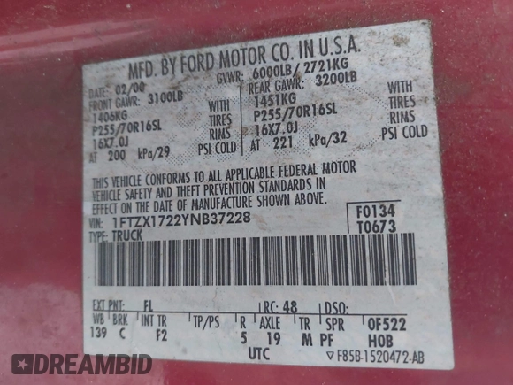 2000 Ford F-150 XL z VIN 1FTZX1722YNB37228, wystawiony jako IAAI lot #42241027 z przebiegiem Nie podano mil oraz . Historia ofert i sprzedaży dostępna na DreamBid. Obrazek 9.