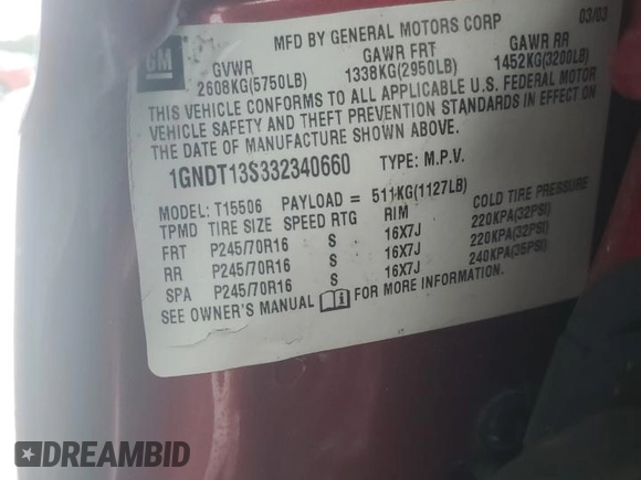2003 Chevrolet TrailBlazer LTZ with VIN 1GNDT13S332340660, listed as a Copart auction lot 87721475 with Not Provided miles and Salvage Title. Bid and sale history available at DreamBid. Image 14.