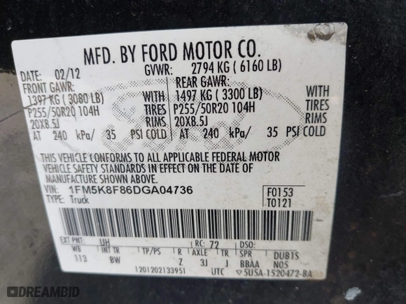 2013 Ford Explorer Limited with VIN 1FM5K8F86DGA04736, listed as a IAAI auction lot 41143447 with 134,788 mi miles. Bid and sale history available at carsss.com. Image 9.