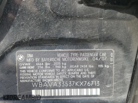 2007 BMW 3 Series 328i with VIN WBAVA33537KX76713, listed as a Copart auction lot 53056835 with 86,423 mi miles and Salvage title. Bid and sale history available at DreamBid. Image 12.