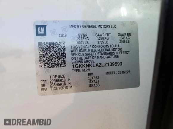 2020 GMC Acadia SLE z VIN 1GKKNKLA2LZ139593, wystawiony jako Copart lot #76353144 z przebiegiem 49 181 mil mil oraz Nie do naprawy • Non repairable. Historia ofert i sprzedaży dostępna na DreamBid. Obrazek 14.