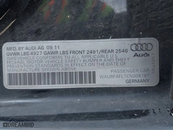 2012 Audi A4 2.0T Premium with VIN WAUBFAFL1CN008787, listed as a IAAI auction lot 41674057 with 107,836 mi miles. Bid and sale history available at carsss.com. Image 9.