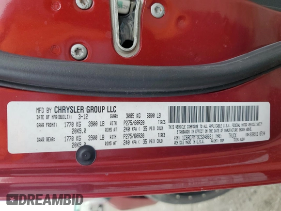 2012 Ram 1500 Sport with VIN 1C6RD7MT9CS248031, listed as a Copart auction lot 51807545 with 106,015 mi miles and Salvage Title. Bid and sale history available at carsss.com. Image 12.