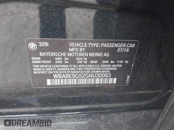2016 BMW 3 Series 328i with VIN WBA8E9G52GNU30083, listed as a IAAI auction lot 41811439 with 55,396 mi miles. Bid and sale history available at carsss.com. Image 9.