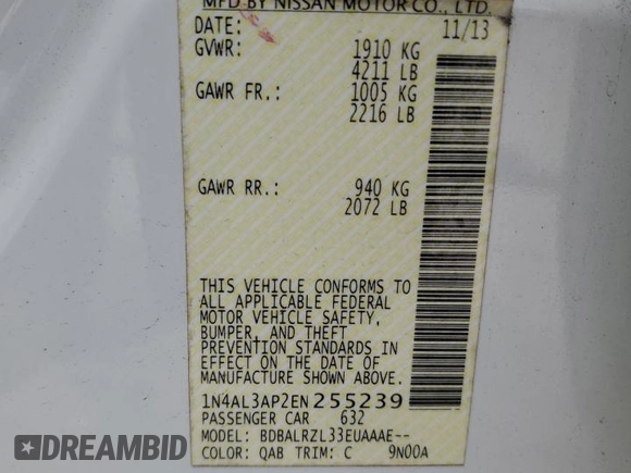 2014 Nissan Altima 2.5 with VIN 1N4AL3AP2EN255239, listed as a Copart auction lot 52334145 with 101,286 mi miles and Salvage Title. Bid and sale history available at DreamBid. Image 12.