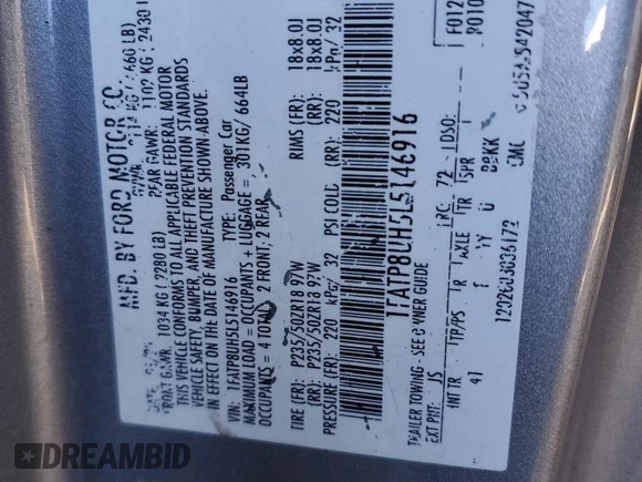 2020 Ford Mustang EcoBoost with VIN 1FATP8UH5L5146916, listed as a Copart auction lot 52550215 with 79,247 mi miles and Salvage title. Bid and sale history available at DreamBid. Image 12.