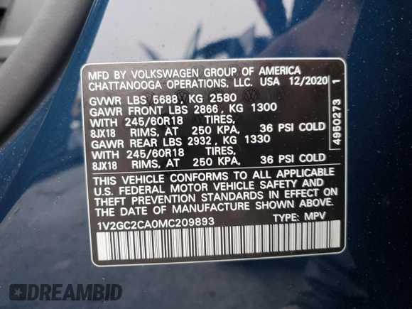 2021 Volkswagen Atlas S with VIN 1V2GC2CA0MC209893, listed as a Copart auction lot 75984414 with 35,558 mi miles and Salvage title. Bid and sale history available at DreamBid. Image 15.