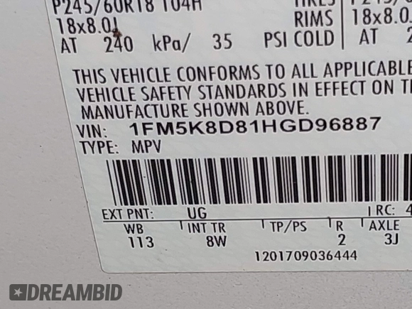2017 Ford Explorer XLT with VIN 1FM5K8D81HGD96887, listed as a IAAI auction lot 42163740 with 91,413 mi miles and . Bid and sale history available at DreamBid. Image 9.