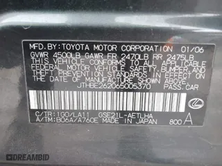 2006 Lexus IS 350 Auto with VIN JTHBE262065005370, listed as a IAAI auction lot 40875520 with 190,226 mi miles. Bid and sale history available at carsss.com. Image 9.