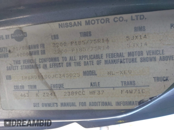 1988 Nissan Hardbody z VIN 1N6ND11S0JC345025, wystawiony jako IAAI lot #41899460 z przebiegiem 132 502 mil mil oraz . Historia ofert i sprzedaży dostępna na DreamBid. Obrazek 9.