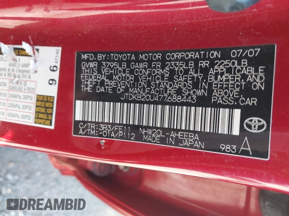 2007 Toyota Prius with VIN JTDKB20U477688443, listed as a IAAI auction lot 42224343 with 136,401 mi miles and . Bid and sale history available at DreamBid. Image 9.