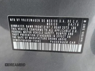 2019 Volkswagen Jetta S с VIN 3VWC57BU6KM179682, выставлен на аукционе IAAI как лот 41634582 с пробегом 84 323 миль миль и . История ставок и продаж доступна на DreamBid. Изображение 9.