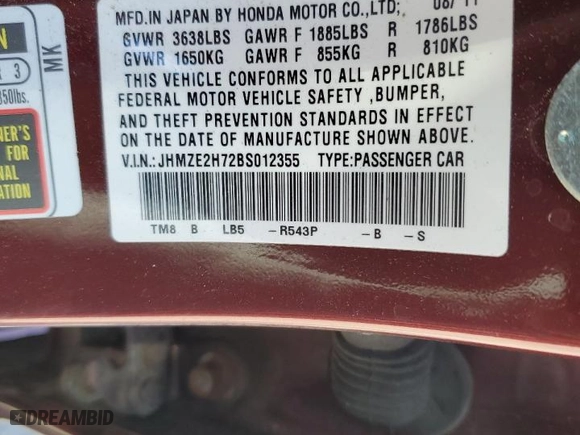 2011 Honda Insight EX with VIN JHMZE2H72BS012355, listed as a Copart auction lot 52021985 with 103,335 mi miles and Salvage Title. Bid and sale history available at carsss.com. Image 12.