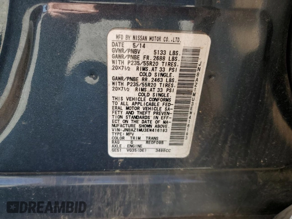 2014 Nissan Murano LE z VIN JN8AZ1MU3EW416193, wystawiony jako Copart lot #49491165 z przebiegiem 153 329 mil mil oraz Szkoda całkowita • Salvage title. Historia ofert i sprzedaży dostępna na DreamBid. Obrazek 15.