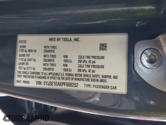 2023 Tesla Model 3 with VIN 5YJ3E1EAXPF666252, listed as a IAAI auction lot 42009929 with 27,328 mi miles and . Bid and sale history available at DreamBid. Image 9.