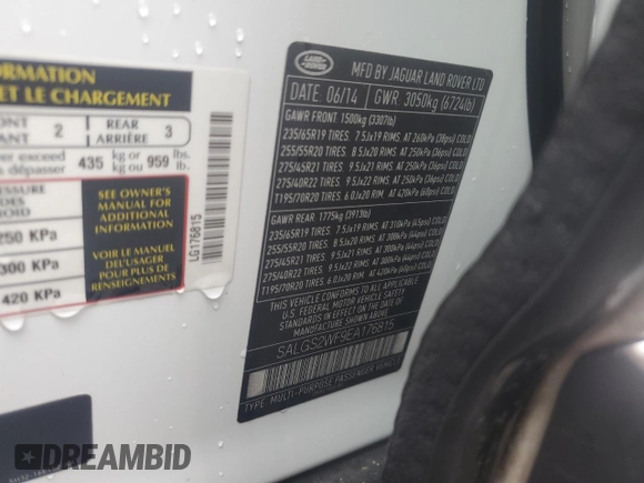 2014 Land Rover Range Rover HSE with VIN SALGS2WF9EA176815, listed as a Copart auction lot 58068405 with 155,260 mi miles and Salvage title. Bid and sale history available at DreamBid. Image 13.