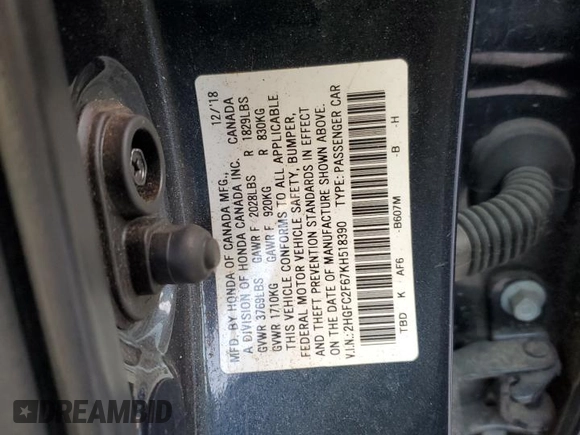 2019 Honda Civic LX with VIN 2HGFC2F67KH518390, listed as a Copart auction lot 48434325 with Not Provided miles and Salvage Title. Bid and sale history available at DreamBid. Image 13.