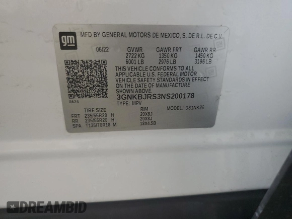 2022 Chevrolet Blazer LT с VIN 3GNKBJRS3NS200178, выставлен на аукционе Copart как лот 46787645 с пробегом 33 083 миль миль и Списание • Salvage title. История ставок и продаж доступна на DreamBid. Изображение 14.