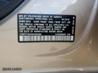 2016 Volkswagen Passat 1.8T SEL with VIN 1VWCT7A3XGC062288, listed as a Copart auction lot 42494775 with 123,956 mi miles and Salvage Title. Bid and sale history available at carsss.com. Image 13.