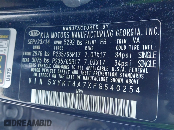 2015 Kia Sorento LX with VIN 5XYKT4A7XFG640254, listed as a IAAI auction lot 42023071 with 178,772 mi miles. Bid and sale history available at carsss.com. Image 9.