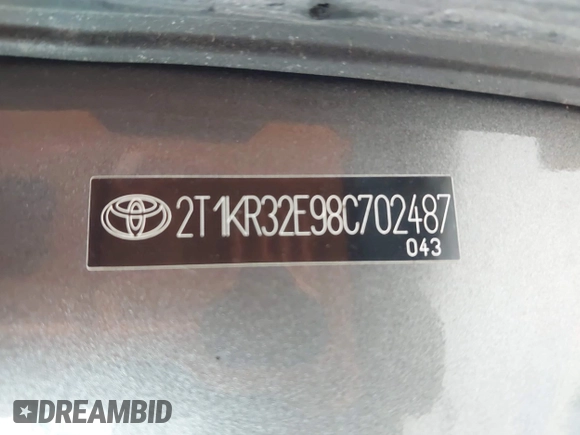 2008 Toyota Matrix STD with VIN 2T1KR32E98C702487, listed as a IAAI auction lot 42176342 with 117,650 mi miles and . Bid and sale history available at DreamBid. Image 9.