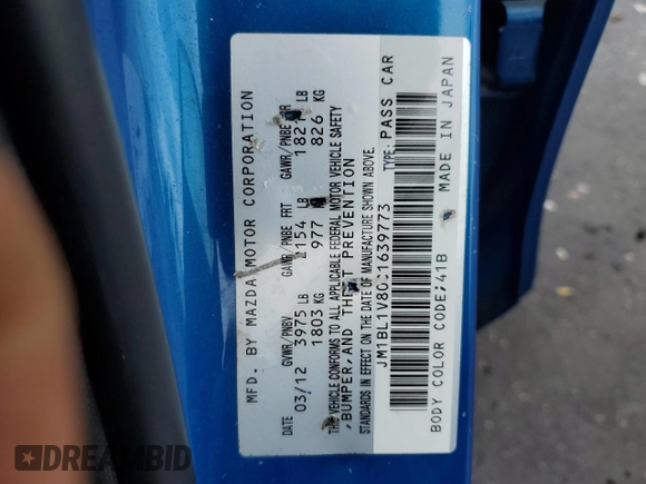 2012 Mazda 3 i Touring with VIN JM1BL1V80C1639773, listed as a Copart auction lot 54960165 with 99,366 mi miles and Salvage Title. Bid and sale history available at DreamBid. Image 12.