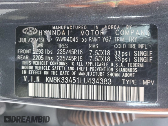 2020 Hyundai Kona Limited z VIN KM8K33A51LU434383, wystawiony jako Copart lot #51692775 z przebiegiem 44 046 mil mil oraz Szkoda całkowita • Salvage title. Historia ofert i sprzedaży dostępna na DreamBid. Obrazek 13.