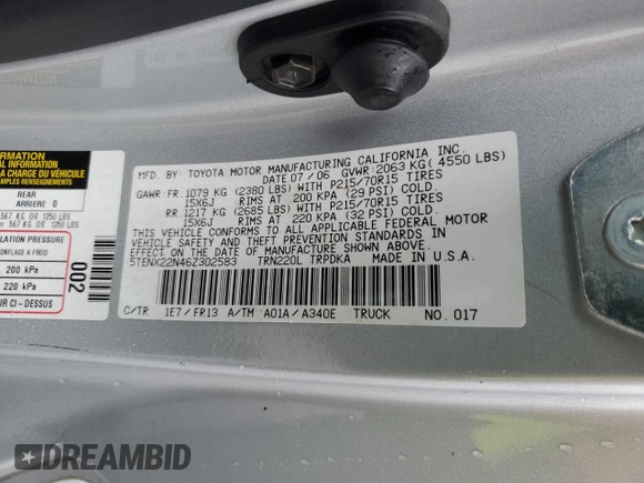 2006 Toyota Tacoma with VIN 5TENX22N46Z302583, listed as a Copart auction lot 45028815 with 168,091 mi miles and Salvage Title. Bid and sale history available at carsss.com. Image 14.
