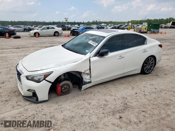 2018 Infiniti Q50 Red Sport 400 with VIN JN1FV7AP4JM460467, listed as a Copart auction lot 57075525 with 182,405 mi miles and Salvage title. Bid and sale history available at DreamBid. Image 1.