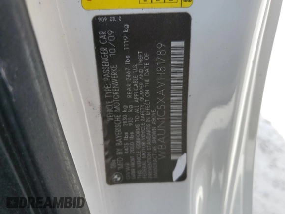 2010 BMW 1 Series 128i with VIN WBAUN1C5XAVH81789, listed as a Copart auction lot 49798465 with 128,859 mi miles and Clean title. Bid and sale history available at DreamBid. Image 12.
