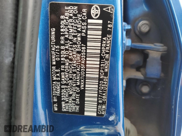 2015 Toyota Yaris L with VIN VNKKTUD35FA035087, listed as a Copart auction lot 50596655 with Not Provided miles and Salvage Title. Bid and sale history available at DreamBid. Image 15.