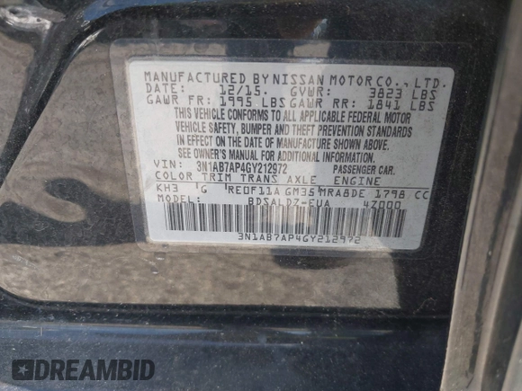 2016 Nissan Sentra S with VIN 3N1AB7AP4GY212972, listed as a IAAI auction lot 42117806 with 152,174 mi miles. Bid and sale history available at carsss.com. Image 9.